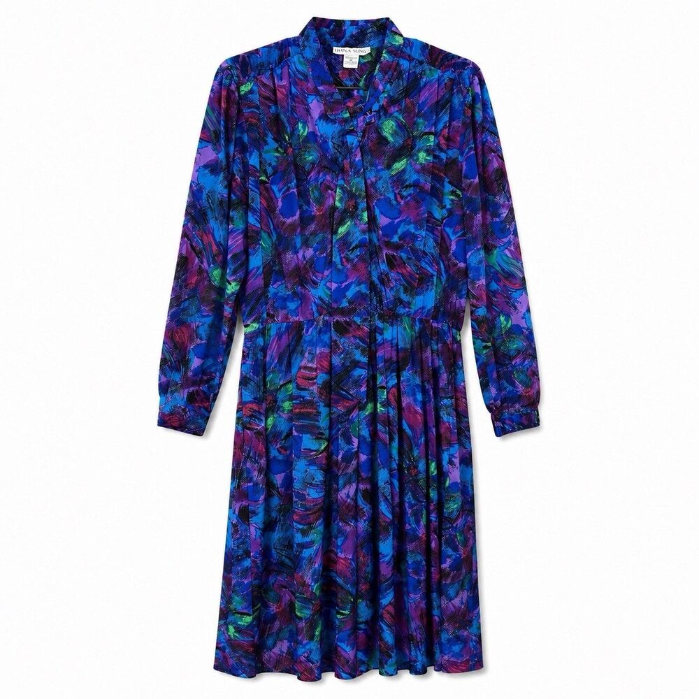 Hana Sung Vintage Long Sleeve Half Button Neck Tie Dress Blue/Purple Size 16